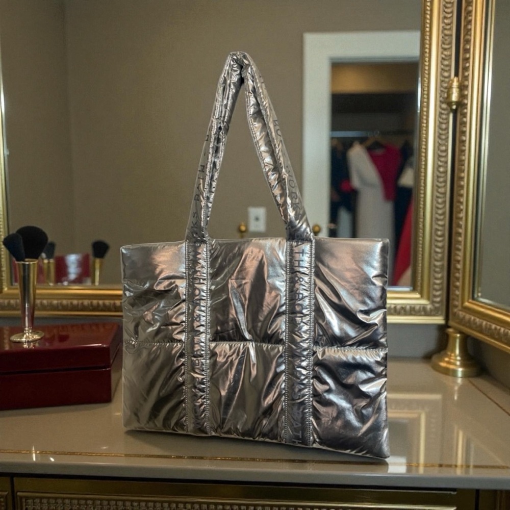 Bath & Body Works Silver Metallic Tote Bag with Futuristic Design